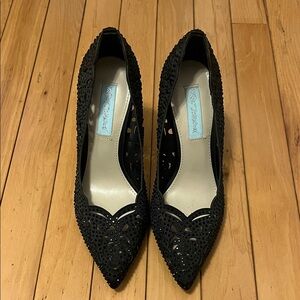 Betsey Johnson Elsa  black satin bedazzled cutout heels